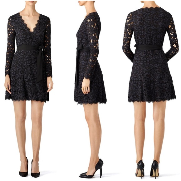 DIANE VON FURSTENBERG 'Shaelyn' Lace Wrap Black/Navy Lace Dress Size 6 - Picture 1 of 10